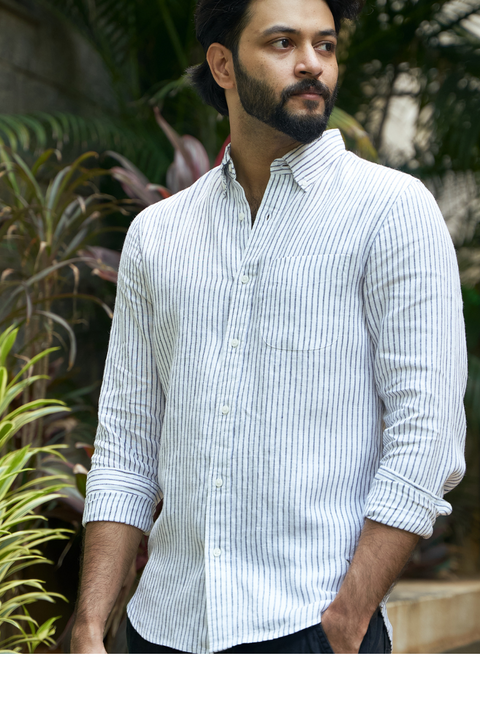 White And Black Mens' Striped Linen Shirt - Sustainable