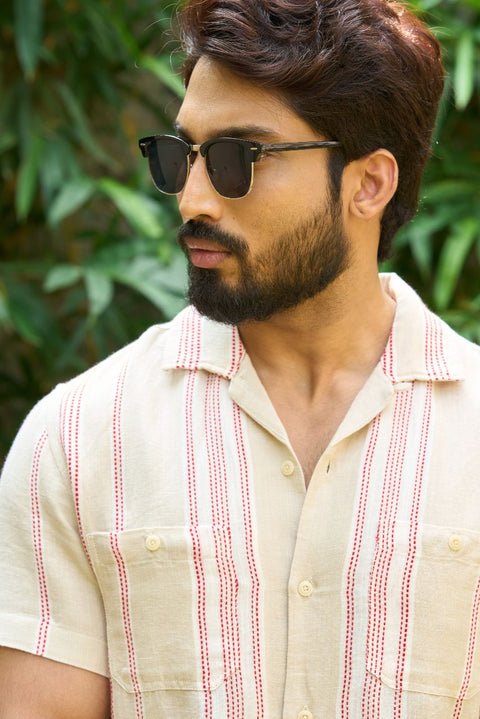 Men’s Ivory Shirt – Cotton Linen with Red Stripes
