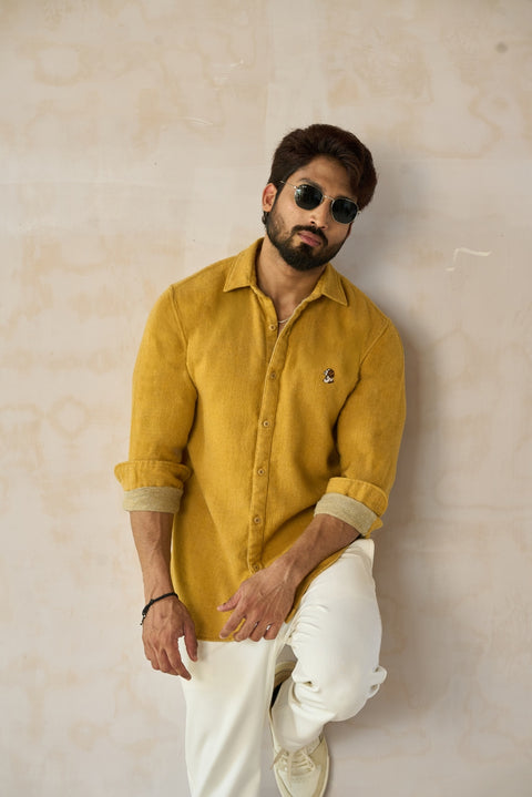 Mustard Brushed Flannel Shirt with Chest Embroidery Shirt