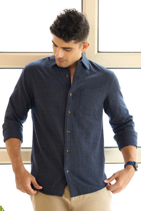 Dark Navy Tonal Checks 100% Cotton Shirt