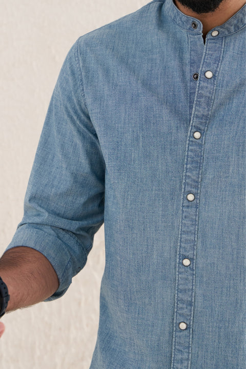 Mandarin Collar Snap Button Denim Shirt