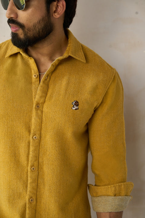 Mustard Brushed Flannel Shirt with Chest Embroidery Shirt