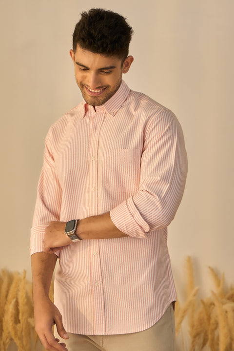 White & Orange Striped Oxford Cotton Shirt