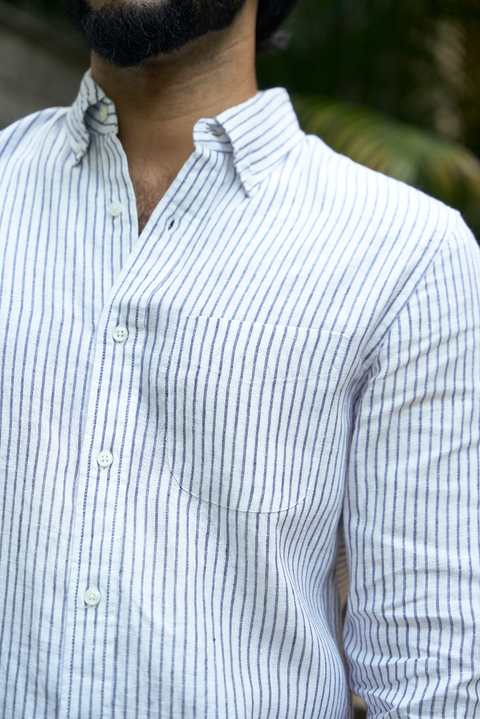 White And Black Mens' Striped Linen Shirt - Sustainable