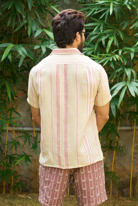 Men’s Ivory Shirt – Cotton Linen with Red Stripes