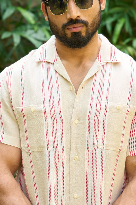 Men’s Ivory Shirt – Cotton Linen with Red Stripes