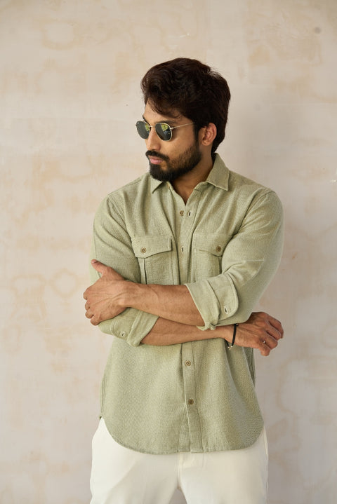 Vibrant Pastel Green Grindle Weave Button-Up shirt