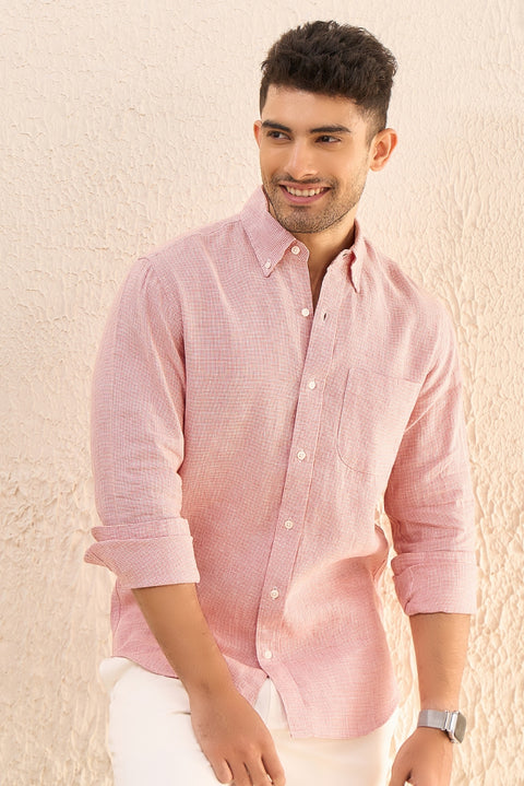 Coral Houndstooth 100% Linen Shirt