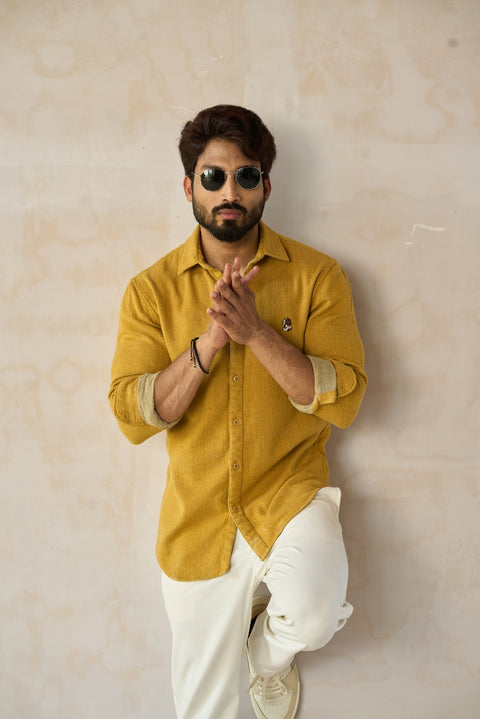 Mustard Brushed Flannel Shirt with Chest Embroidery Shirt
