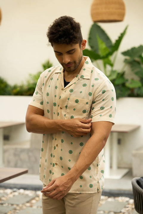 Palm Whisper – Ivory & Green Camp Collar Shirt 🌿