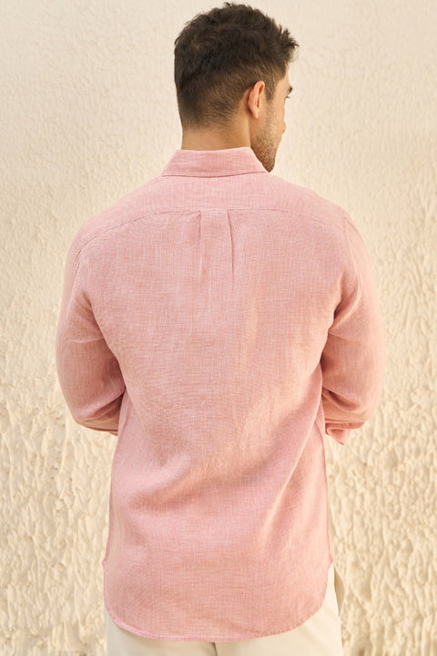 Coral Houndstooth 100% Linen Shirt