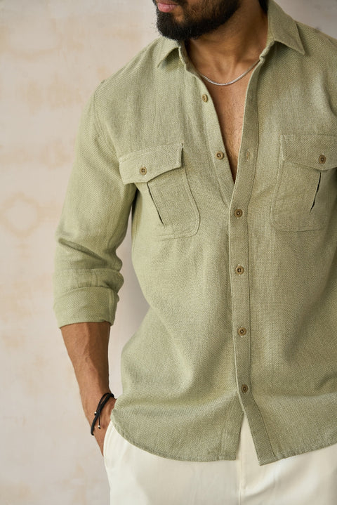 Vibrant Pastel Green Grindle Weave Button-Up shirt