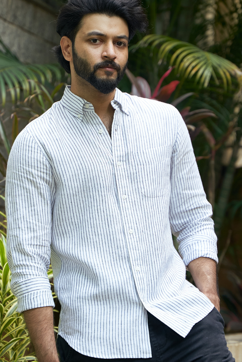 White And Black Mens' Striped Linen Shirt - Sustainable