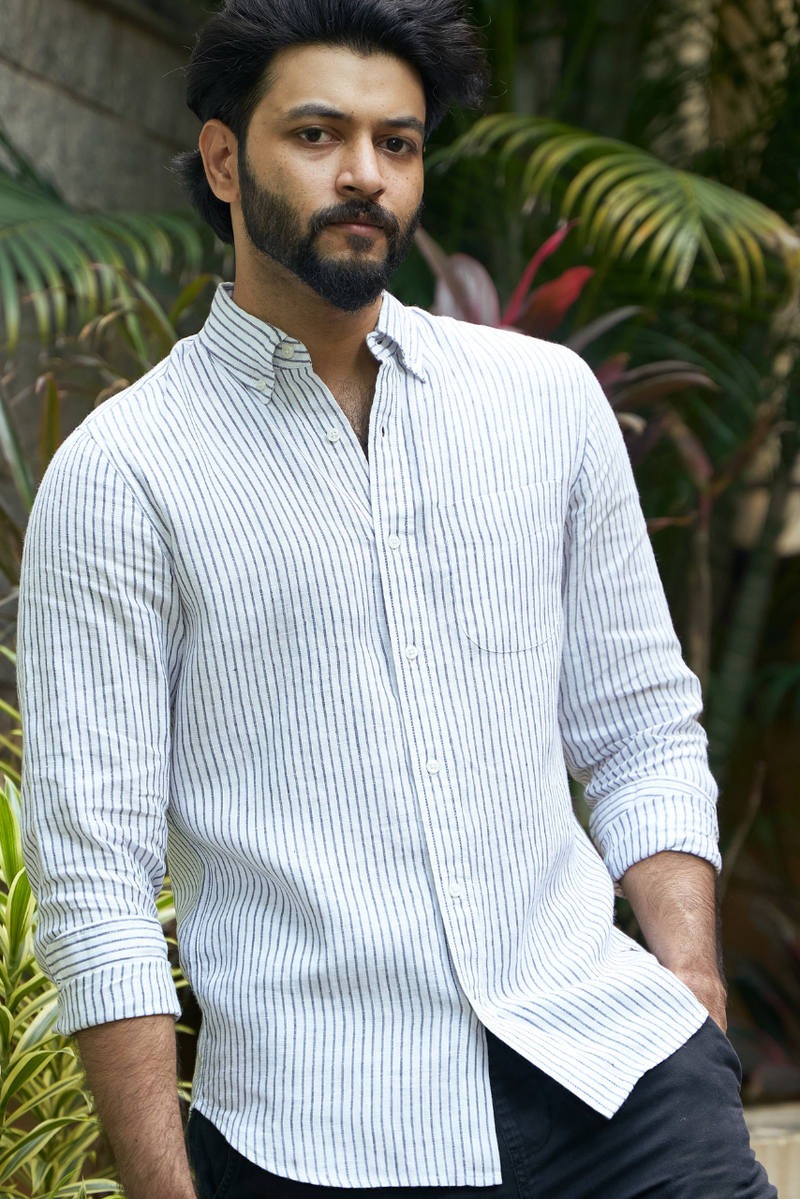White and Black Mens' Striped Linen Shirt - Sustainable