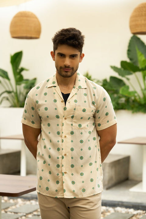 Palm Whisper – Ivory & Green Camp Collar Shirt 🌿