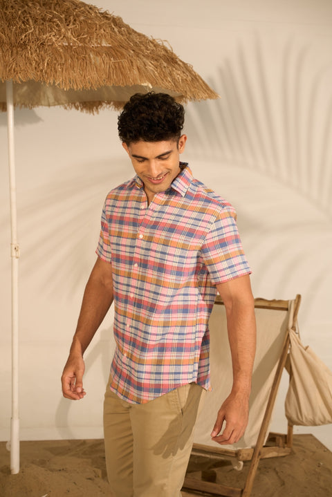 Pink & Blue Checks Linen Shirt