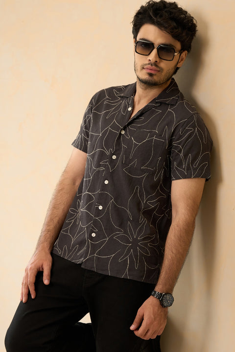 Cuban Collar Baked Brown Embroidery Shirt