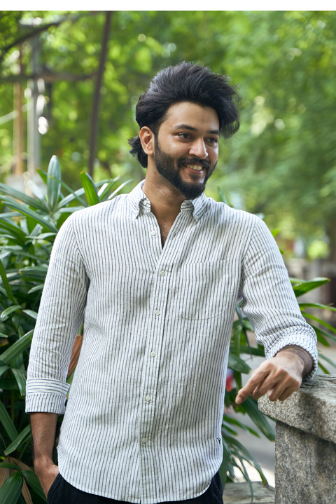 White And Black Mens' Striped Linen Shirt - Sustainable