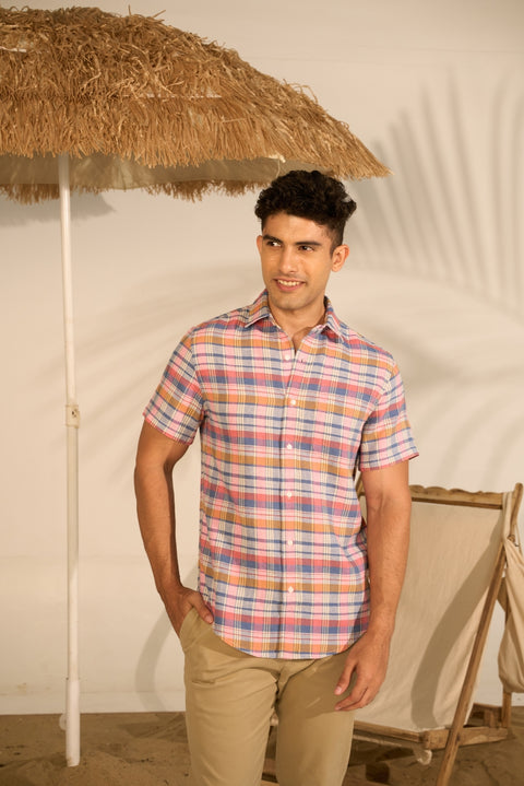 Pink & Blue Checks Linen Shirt