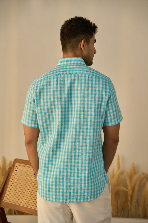 Aqua Blue Checks 100% Cotton Shirt