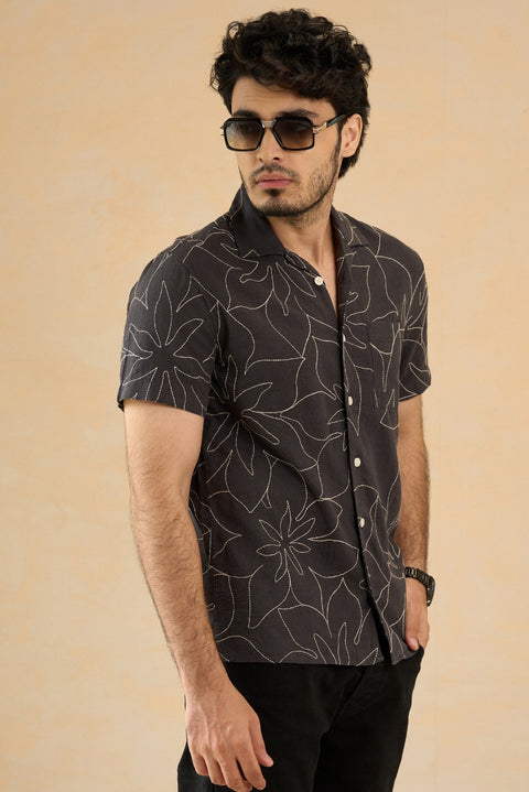 Cuban Collar Baked Brown Embroidery Shirt