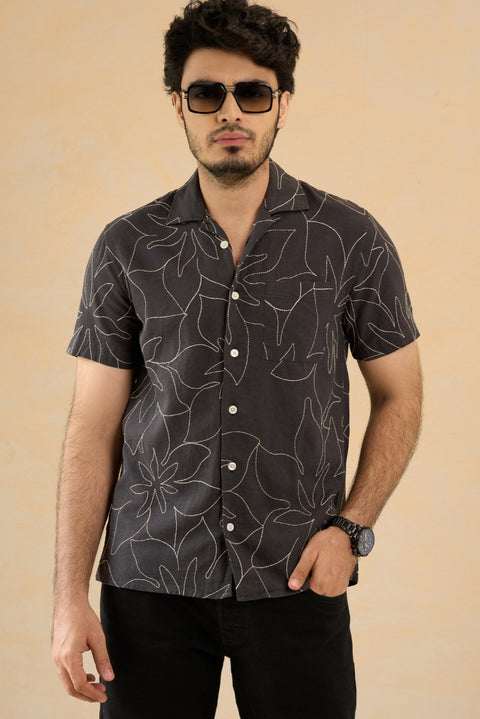 Cuban Collar Baked Brown Embroidery Shirt