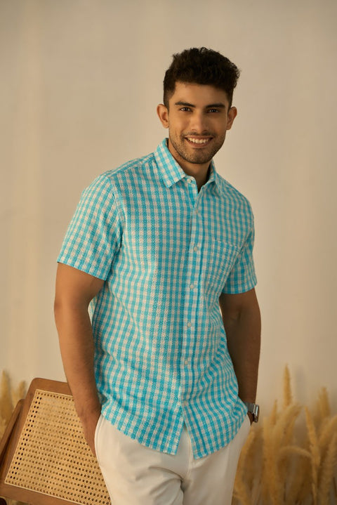 Aqua Blue Checks 100% Cotton Shirt