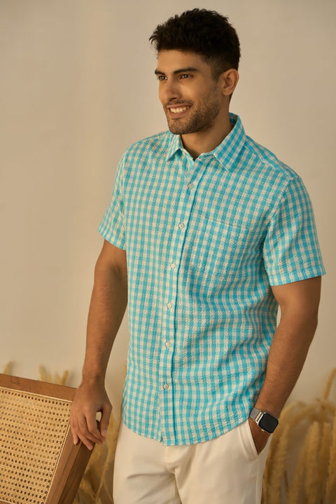 Aqua Blue Checks 100% Cotton Shirt