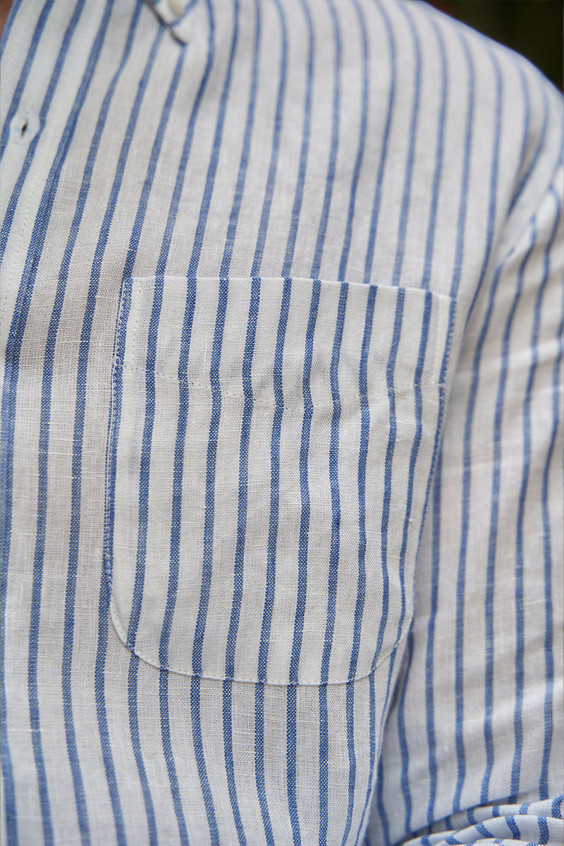 White and blue striped linen