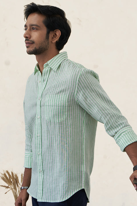 Classic Aqua Green Irish Linen Striped Shirt For Men