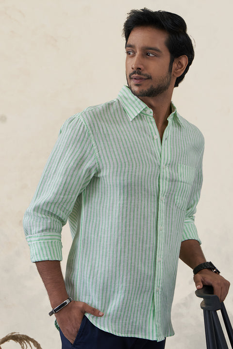 Classic Aqua Green Irish Linen Striped Shirt For Men