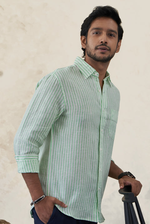 Classic Aqua Green Irish Linen Striped Shirt For Men