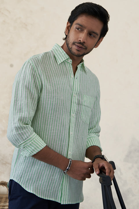 Classic Aqua Green Irish Linen Striped Shirt For Men