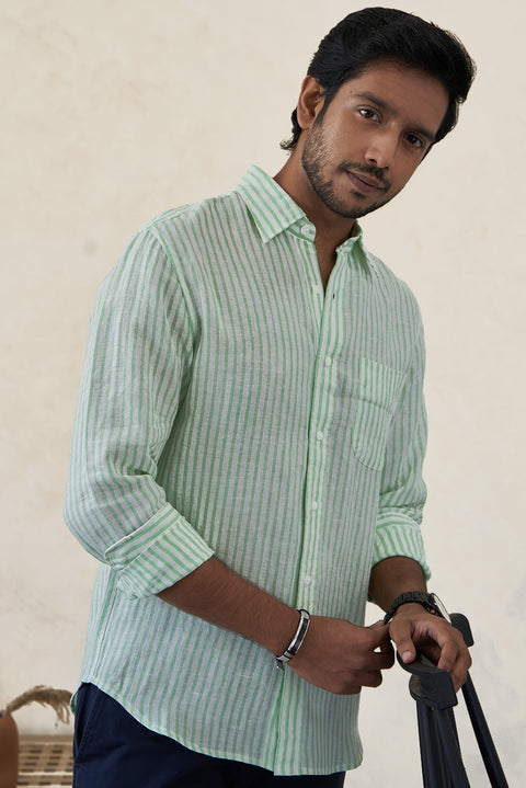 Classic Aqua Green Irish Linen Striped Shirt For Men