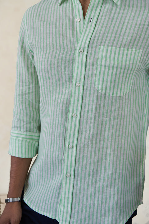 Classic Aqua Green Irish Linen Striped Shirt For Men