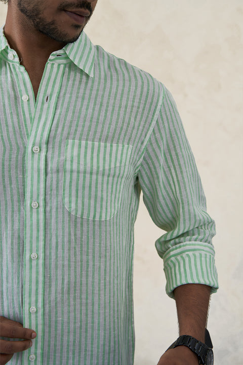 Classic Aqua Green Irish Linen Striped Shirt For Men