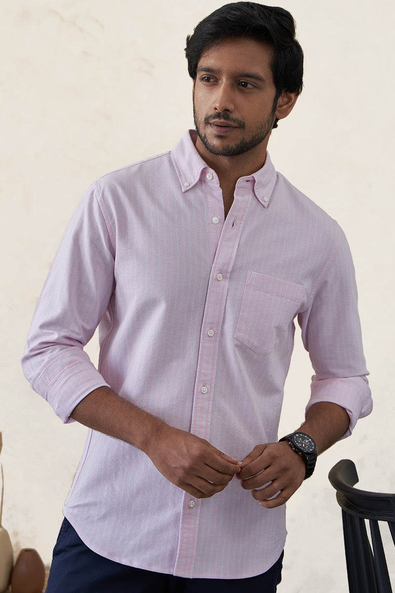 Pink Striped Oxford Button Down Collar Shirt