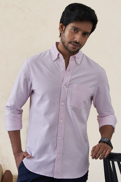 Pink Striped Oxford Button Down Collar Shirt