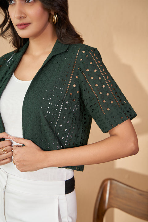 Bottle Green Schiffli Short Shrug In Cotton Limited Edition