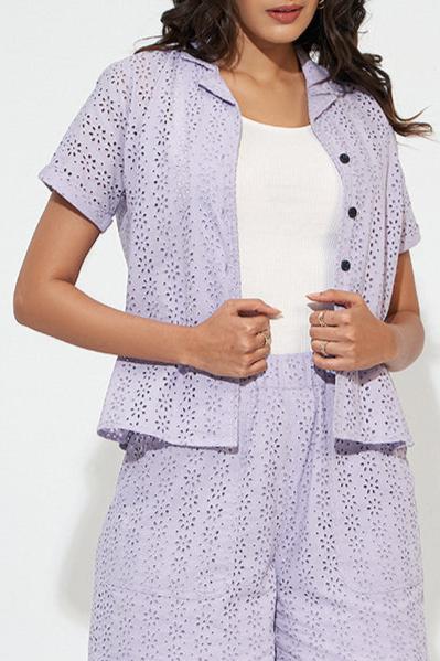 Lavender Co-ord Set Shirt And Shorts In Cotton Schiffli