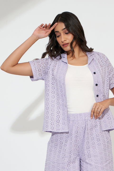 Lavender Cuban Collar Schiffli Top In Cotton