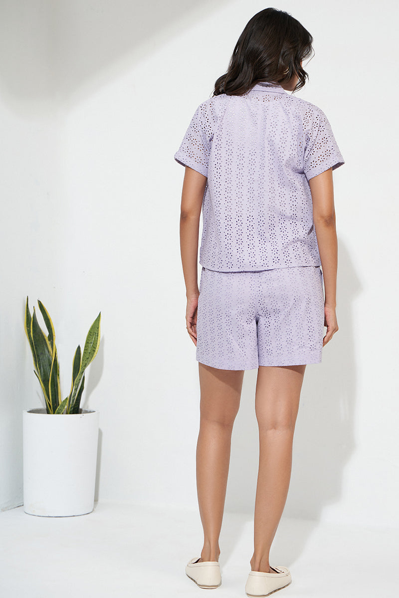 Lavender cord set shirt and shorts in cotton schiffli