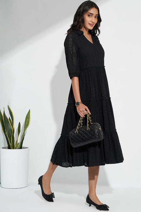 Black Schiffli Dress In Cotton