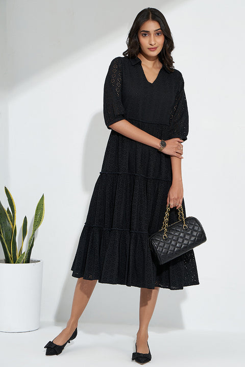 Black Schiffli Dress In Cotton