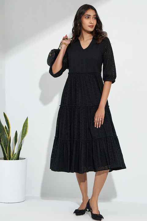 Black Schiffli Dress In Cotton