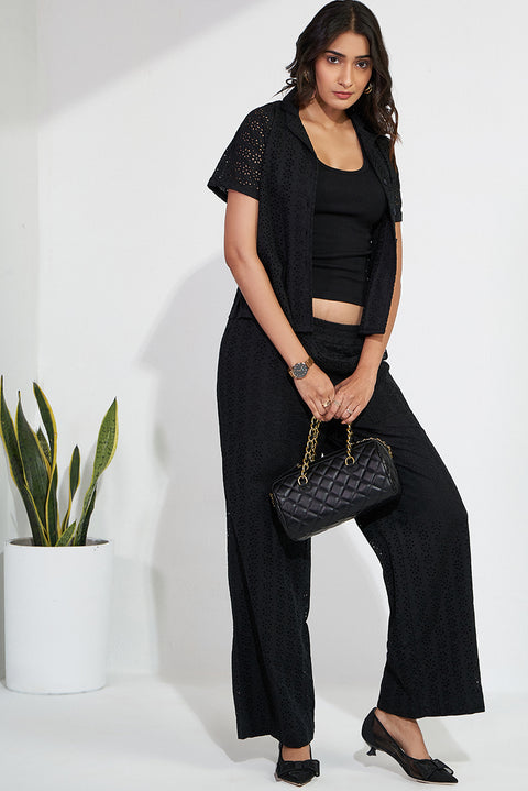 Black Schiffli Cotton Co-ord Set Of Top And Trousers