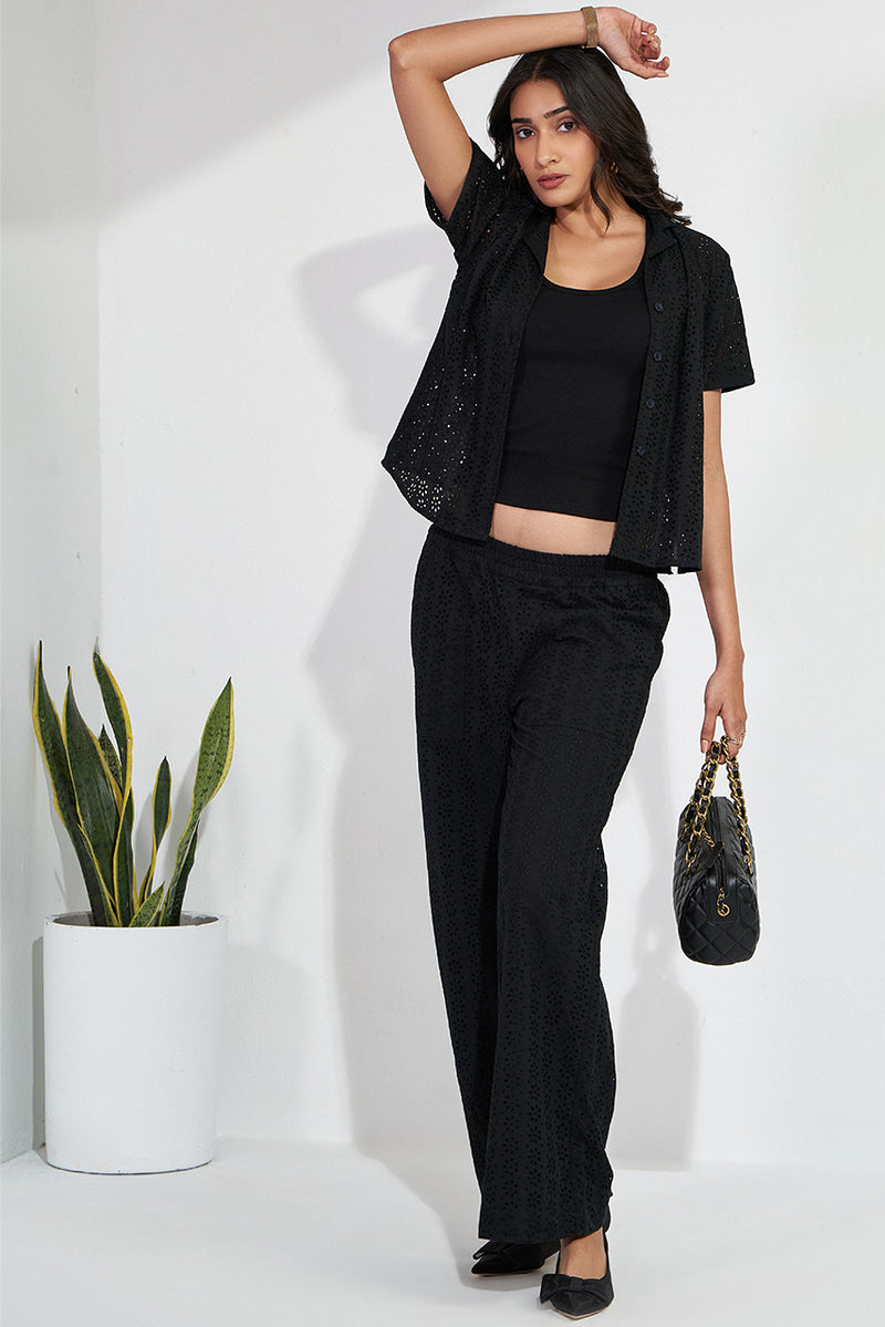 Black schiffli cotton cord set of Top and trousers