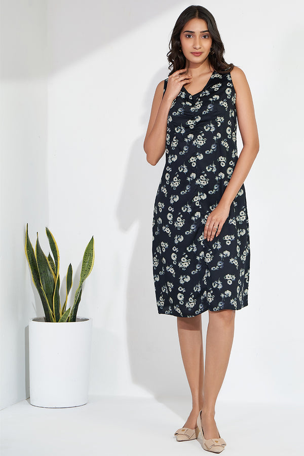 Black printed evening dress in sustainable fabric