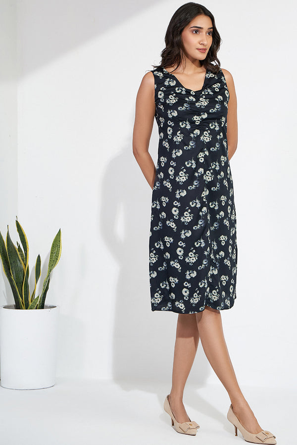 Black printed evening dress in sustainable fabric
