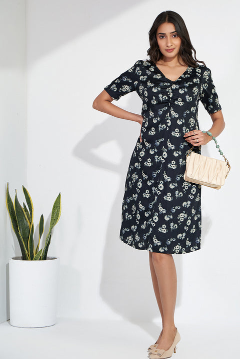 Black Printed Evening Dress In Sustainable Fabric With Sleeves